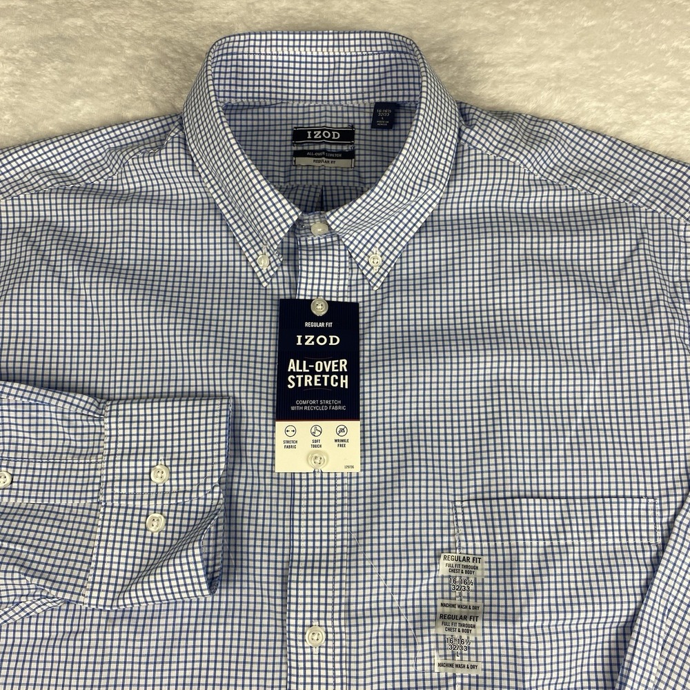 IZOD Dress Shirt Mens 16-16.5/32-33 Blue/White Checks Regular Fit Stretch NWT!